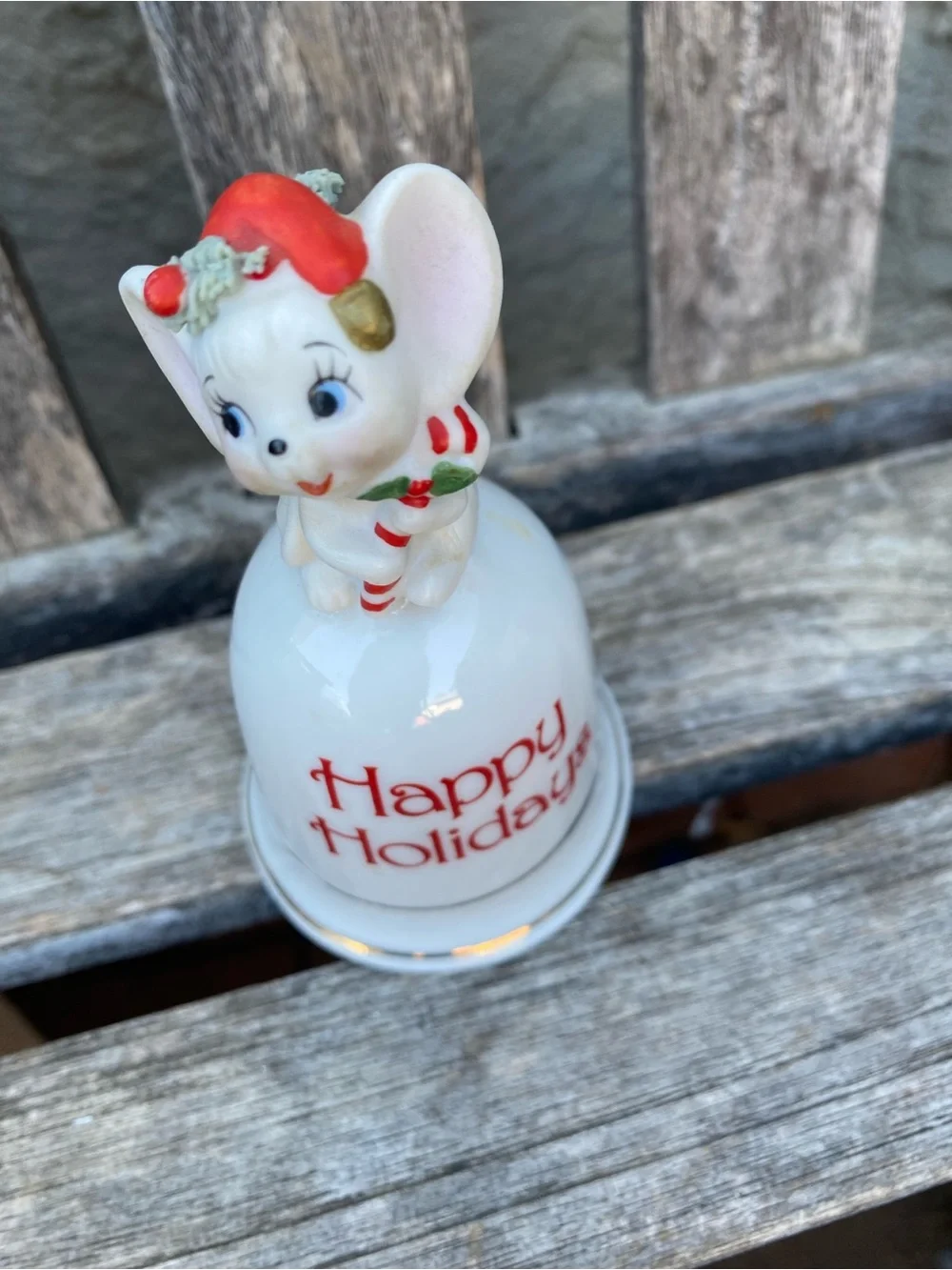 Holiday Mouse Porcelain Bell - White and Red vintage